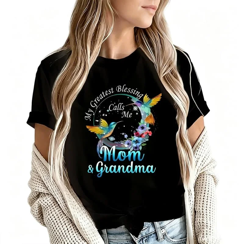 My Greatest Blessing Calls Me Mom & Grandma Women's T-Shirt 100% Cotton Funny Graphic Short Sleeve Tee Novelty Shirt Casual Crew Neck Top S-5Xl