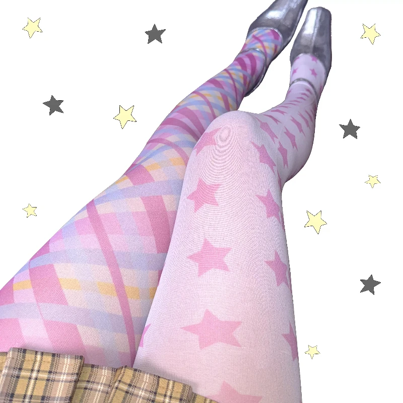 2025 Spring Autumn New Design Y2K Printed Irregular Star Plaid Women's Stockings Japanese Sweet Cute Versatile Tights Ladies