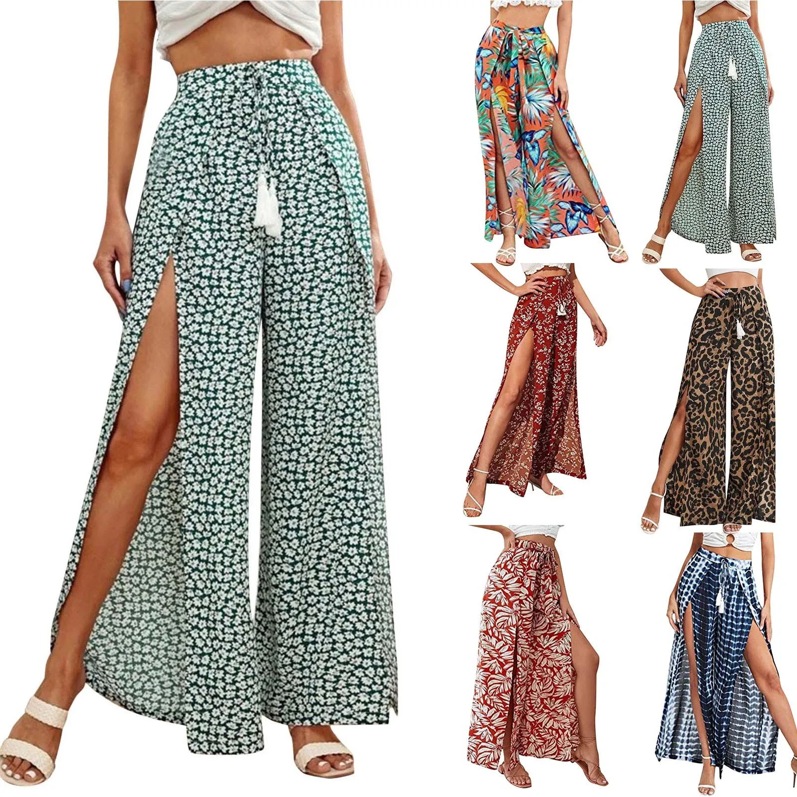 Women Wide Leg Long Pants Summer Casual Elegant Leopard Print Tassel Lace Up Waist comfort trousers Female Straight Trousers