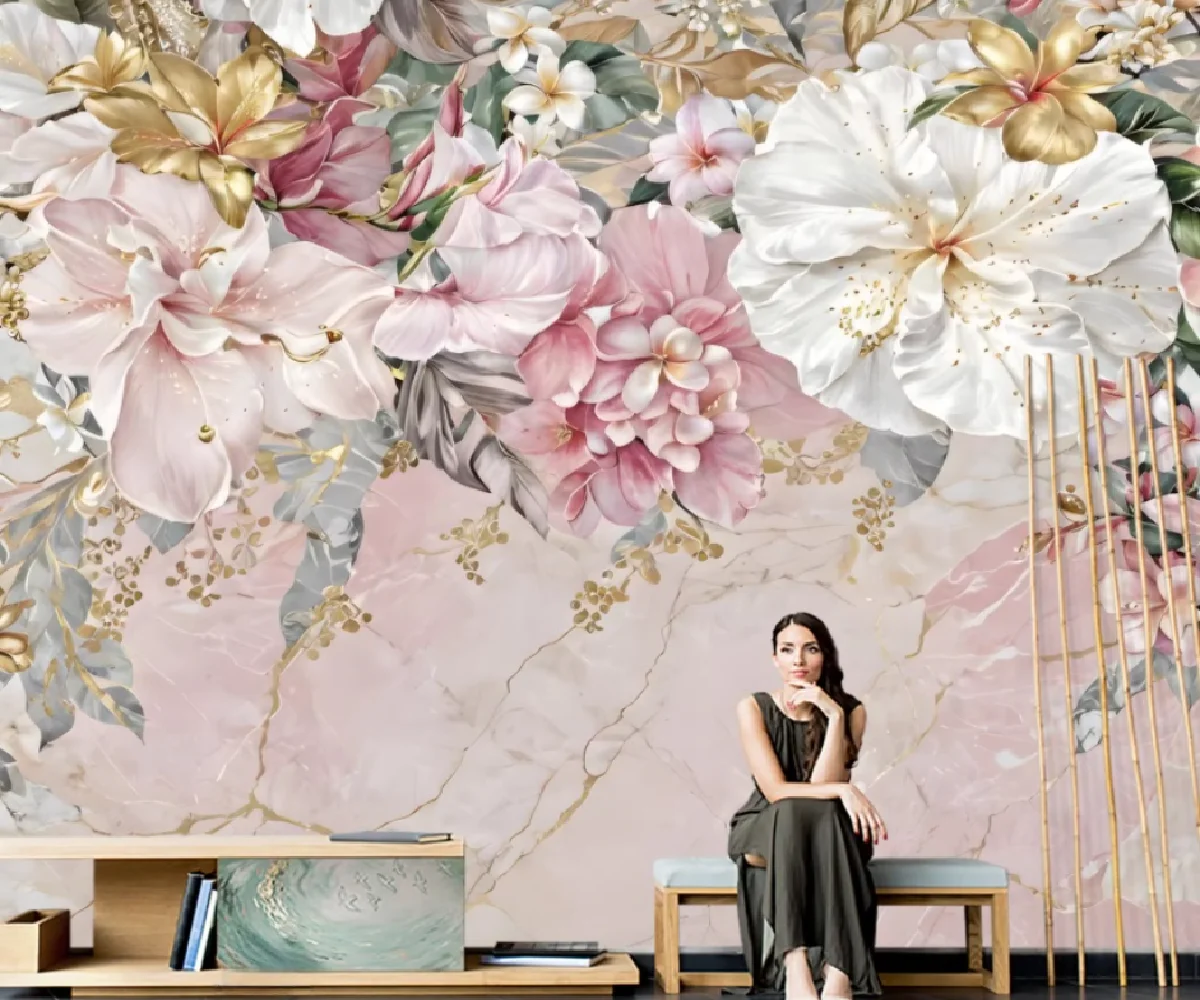 French luxury floral mural pink and white three-dimensional floral customized bedroom living room entrance decoration wallpaper