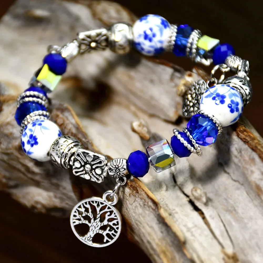 New Chinese Style Blue and White Porcelain Crystal Bead Bracelet for Men and Women Heart-shaped Tree of Life Couple's Bracelet