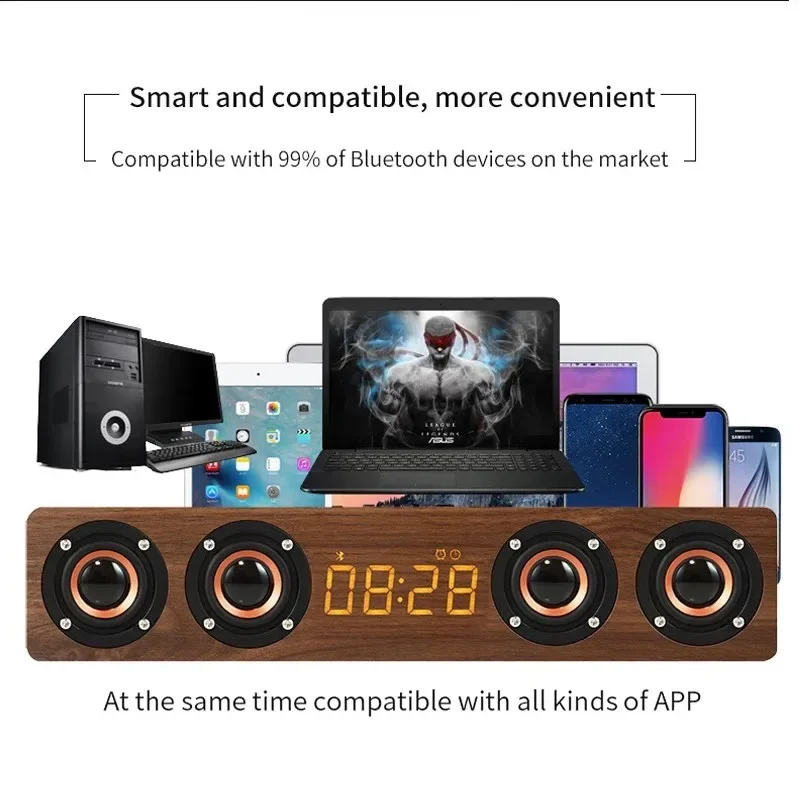 Rechargeable Wooden Alarm Clock with Bluetooth Soundbar Subwoofer Speaker and FM Radio for Home or E-sport Game Room Decoration