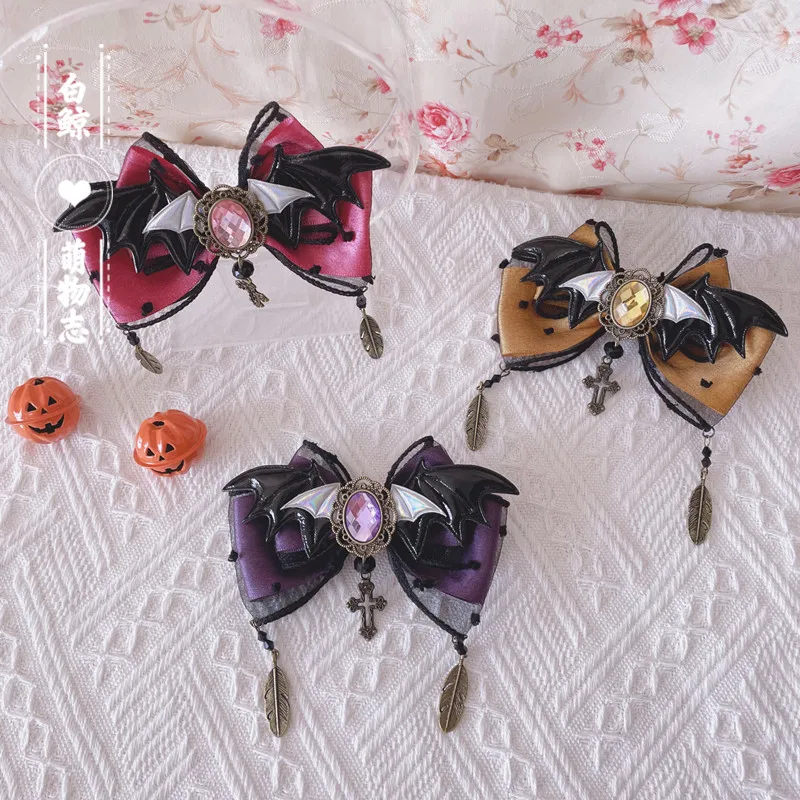 

Original September Witch Vintage Gothic Bow Edge Clip Brooch Elegant Gemstone Lolita Jewelry for Girls To Wear