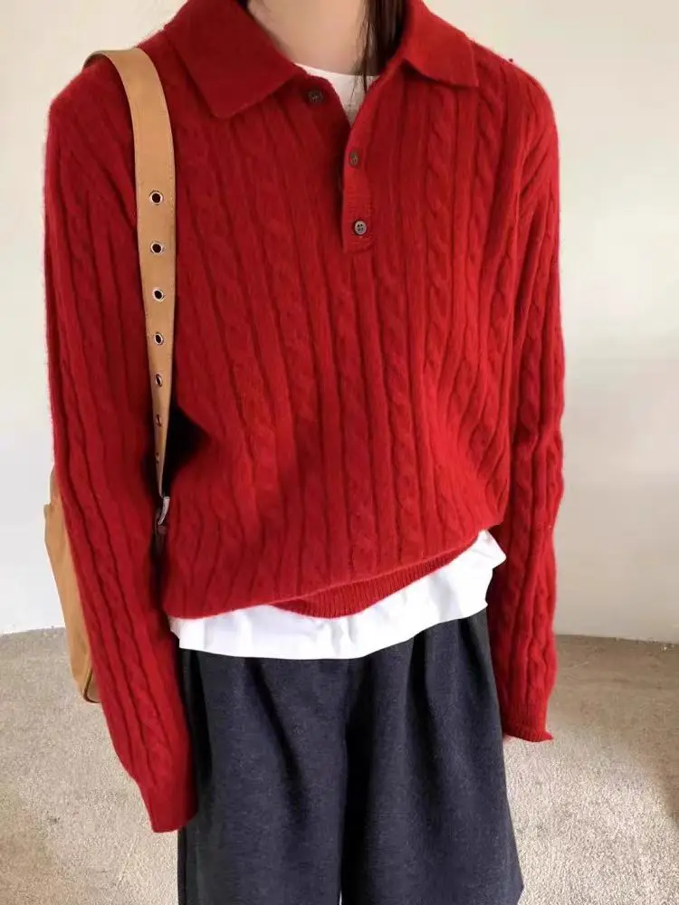 

Осень-зима, пуловер с тремя пуговицами и витым цветком, воротник-поло, трикотаж из 100% шерсти, женский модный простой элегантный свитер с лацканами