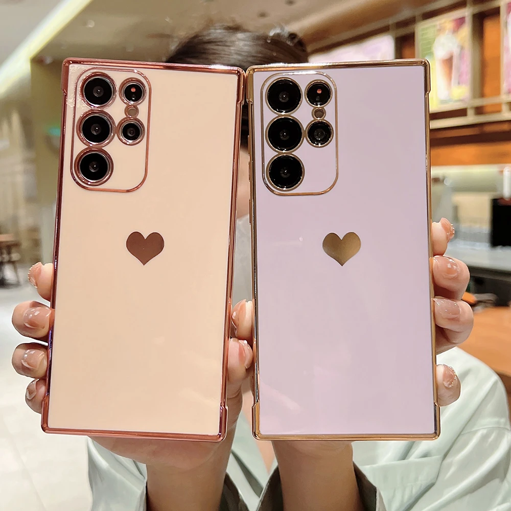 Soft Electroplated Love Heart Phone Case For Samsung S24 S23 S22 Ultra S21 Plus S20 FE A13 A53 A52 A12 Silicone Shockproof Cover