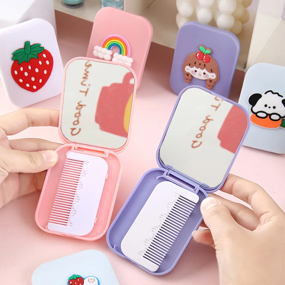 Makeup Mirror Small Comb 2-In-1 Folding Cute Cartoon Plastic Mirror For Female Students Easy To Carry Around With Hair Comb