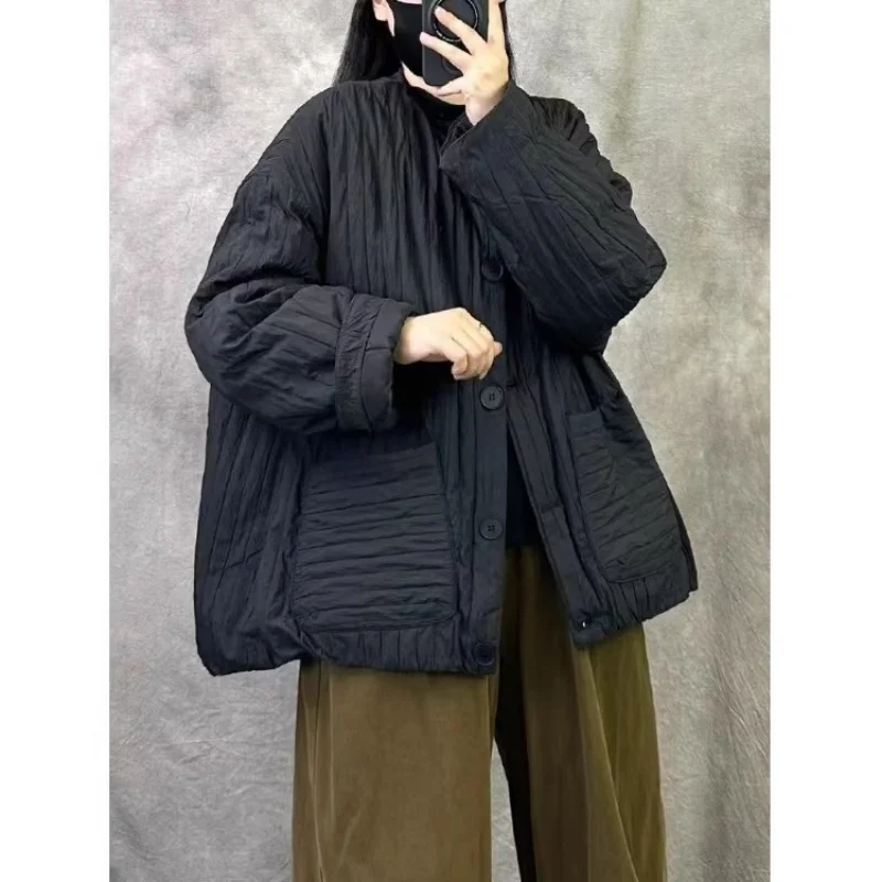 

Vintage Short Cotton Jacket For Women 2025 New Winter Fashion Loose Fit Large Size Warm Quilted Coat Outerwear w944