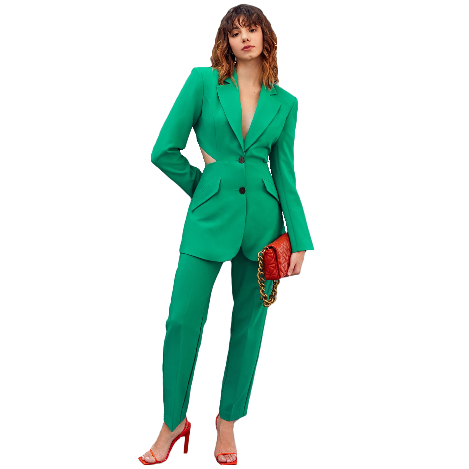 Summer Green Two Piece Wide Leg Pant Suits 2022 Women Sexy Hollow Back Wedding Wear Mother of the Bride Trousers Set