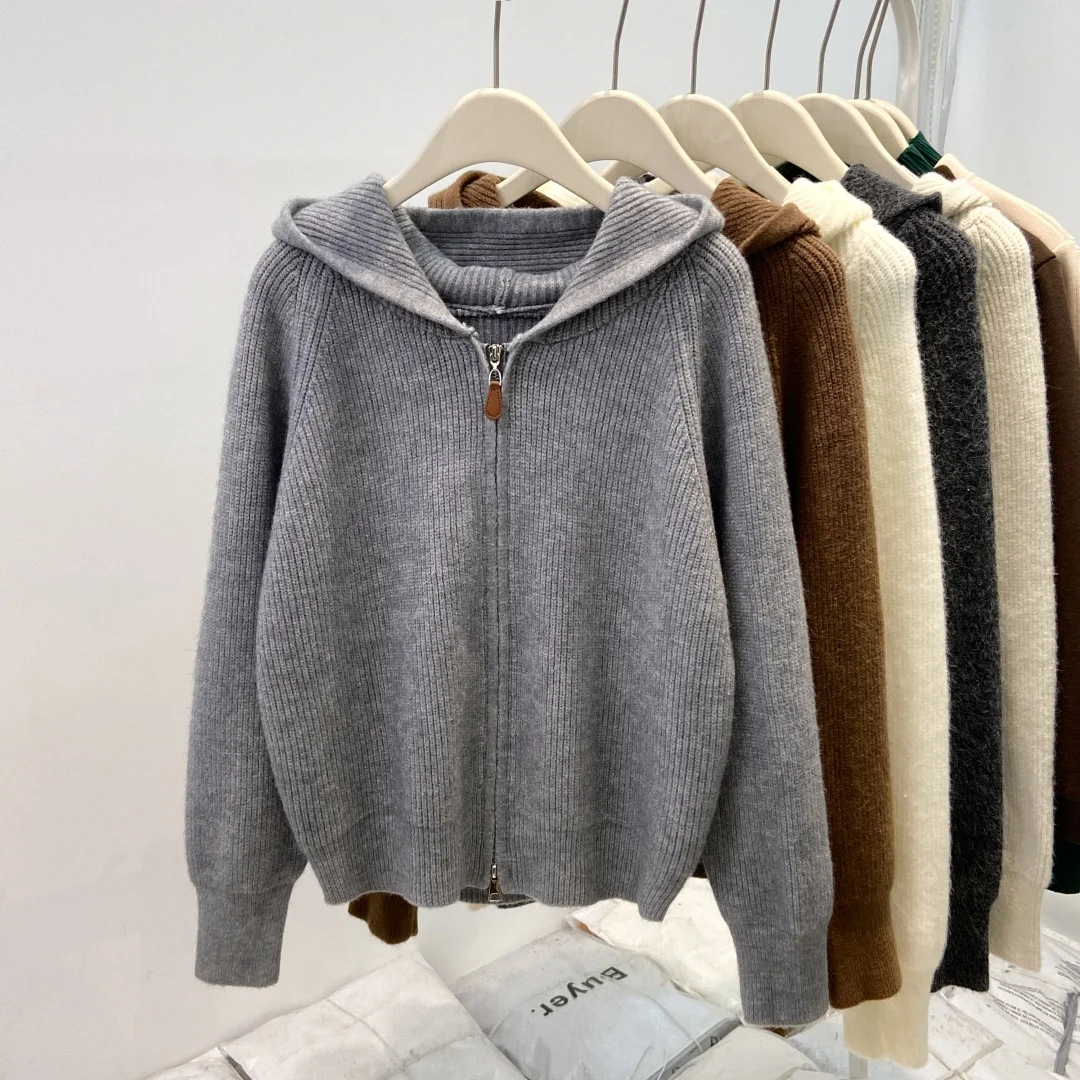 

Вязаный свитер с капюшоном и двойной молнией для женщин, осень-зима 2025, новый корейский стиль, свободный кардиган с длинными рукавами, топы, женское пальто