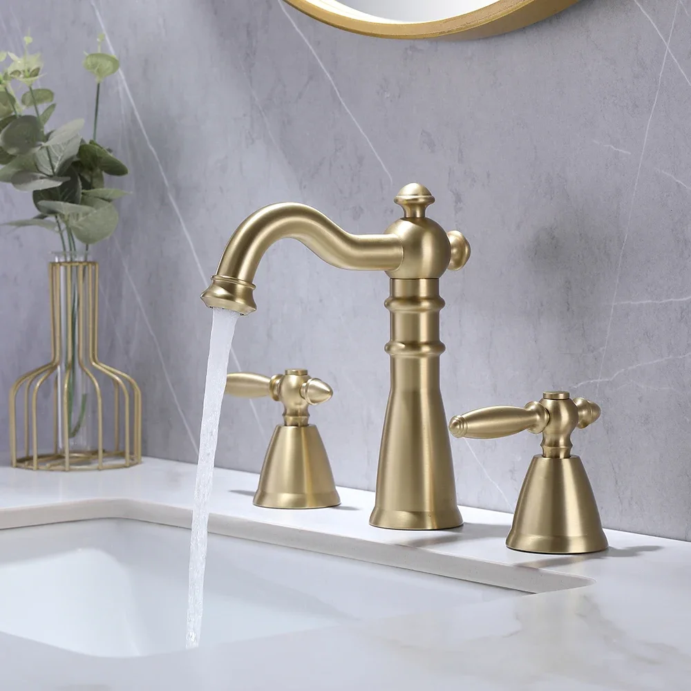 

Rustic split type 3 holes basin faucet deck mounted double handle gold brass luxury home bathroom antique vanity sink faucet