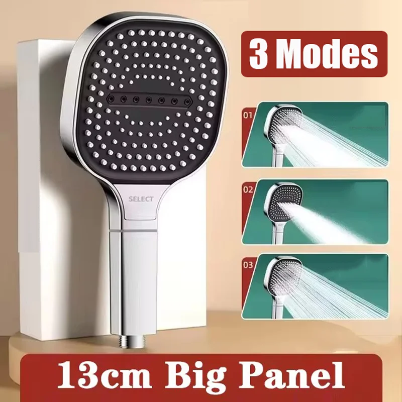 13CM Big Panel Pressurized Shower Head With Filter 3 Modes High Pressure Sprayer One-Key Stop Multi-function Handheld Showerhead