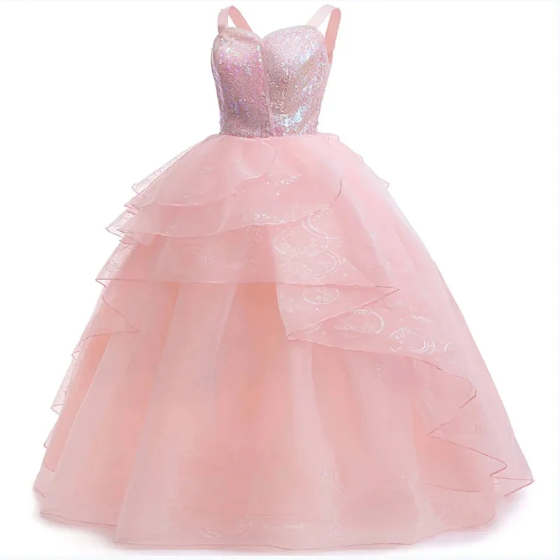 Teenager girls Pink formal Dress Sequins Mesh Princess Dress Adult Prom Gown For Women performance graduation Party Dressup