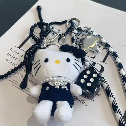 백색 별 키체인 키체인 키체인 고양이 필터 핸드헬드 별 진주 리본 검은 옷 키체인 키링 키 체인 키 체인 키 체인