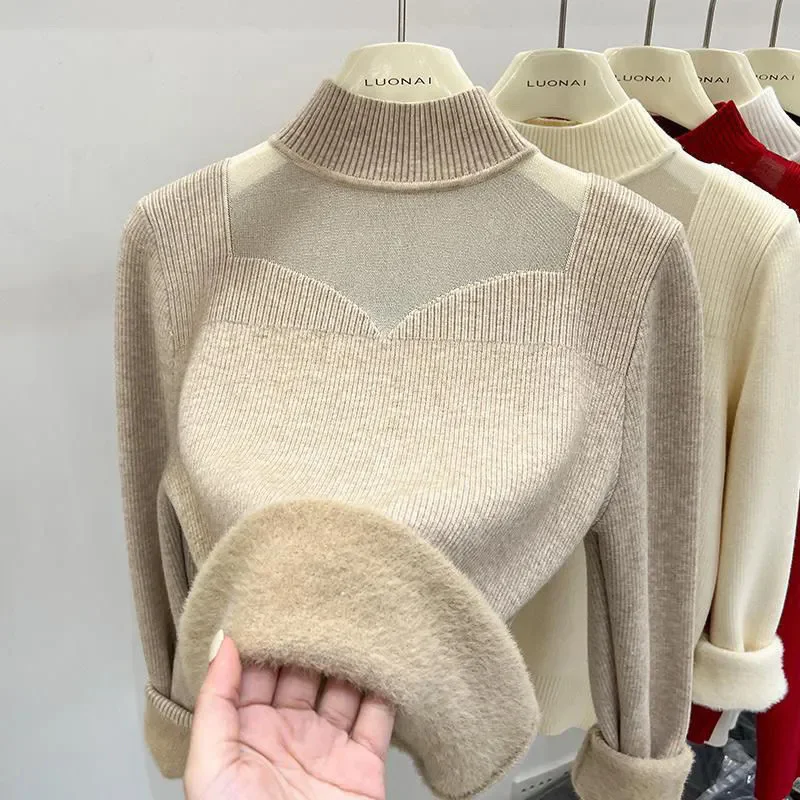 Damski gruby zimowy sweter z polaru z niszowym topem i półwysokim kołnierzem Damski nowy jesienny sweter z siateczki XX