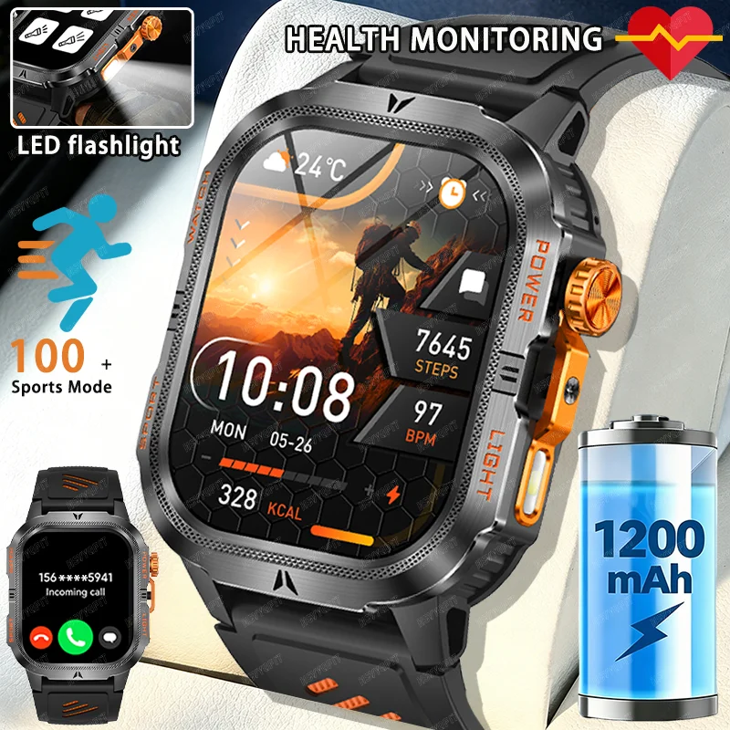 

2026 New 1200 mAh Battery Military Grade Smart Watch Men IP68 Waterproof 100+ Sports Modes Bluetooth Call 2.01” HD Smartwatches