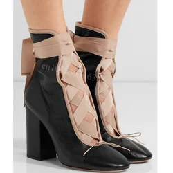 Cross Tied Pointed Toe Ankle Boots Matte Leather Shoes for Women Chunky High Heels Fashionable Shoes 2025 Zapatos Para Mujere