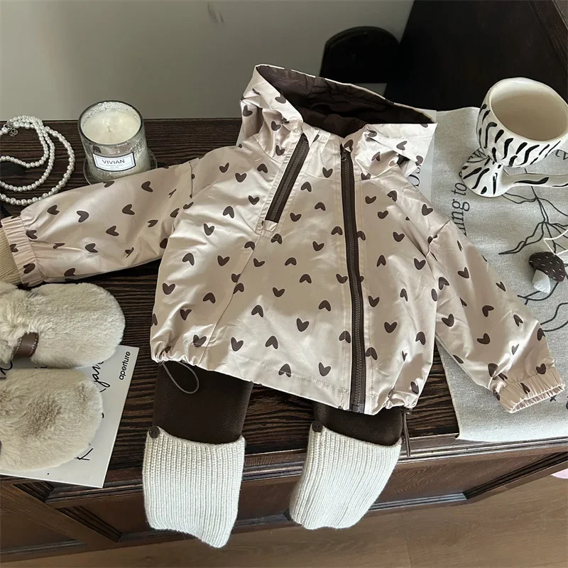 Korean Children's Clothing 2025 New Winter Hooded Jacket, Children's Stylish Pile Socks, Leggings Two-piece Set