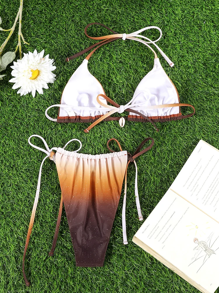 Rinade Gradient Bikini Halter Bikinis Triangle Swimwear Bandage Swimsuit String Swimsuits Two-Piece Bathing Suit Sexy Beachwear
