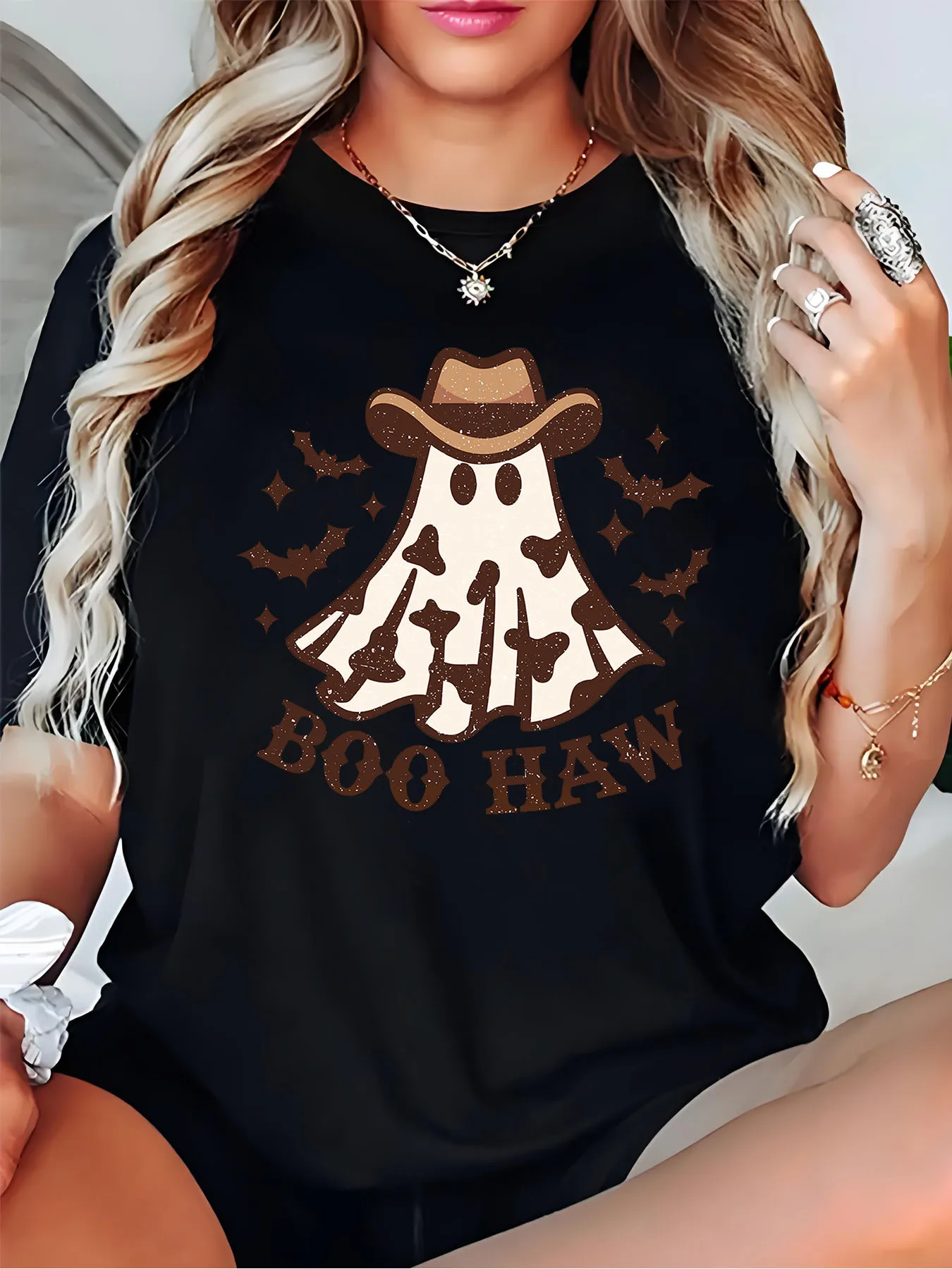 

Женская футболка больших размеров с коровьим принтом «Призрак» со шляпой и текстом Boo Haw, рукав реглан, костюм на Хэллоуин, топ, летняя, женская одежда