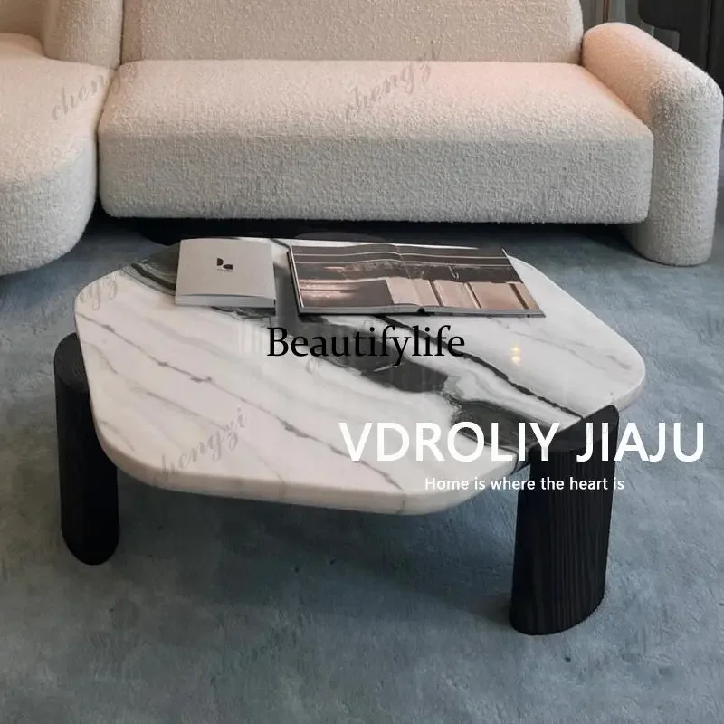 H134 Italian minimalist and creative panda white hexagonal rock slab coffee table modern minimalist special-shaped short table