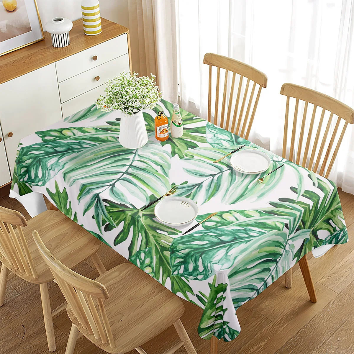 Tropical Palm Leaf Rectangle Tablecloth Holiday Party Decoration Waterproof Fabric Tablecloth Kitchen Dining Table Wedding Decor