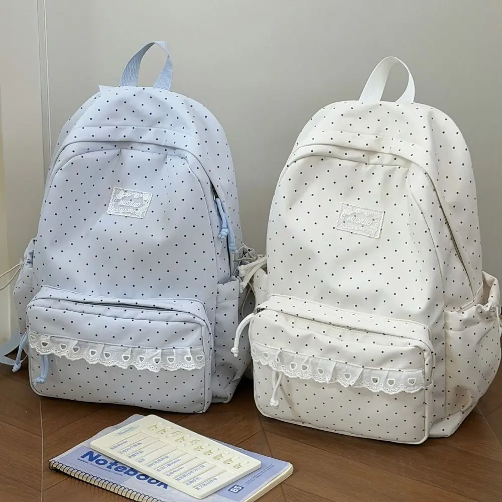 Modischer Süßer Polka-Dot-Rucksack mit Minimalistischem Schleifendesign und Spitzenbesatz, Leichter, Strapazierfähiger Schulrucksack für Schüler und Pendler – Detail 8