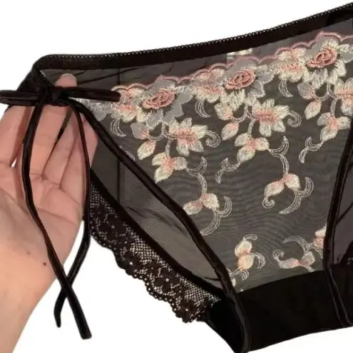 KUCLUT Flower Embroidery Lace Up Mesh Sexy Underwear for Women Low Waist Soft Transparent Panties Breathable Seamless Briefs