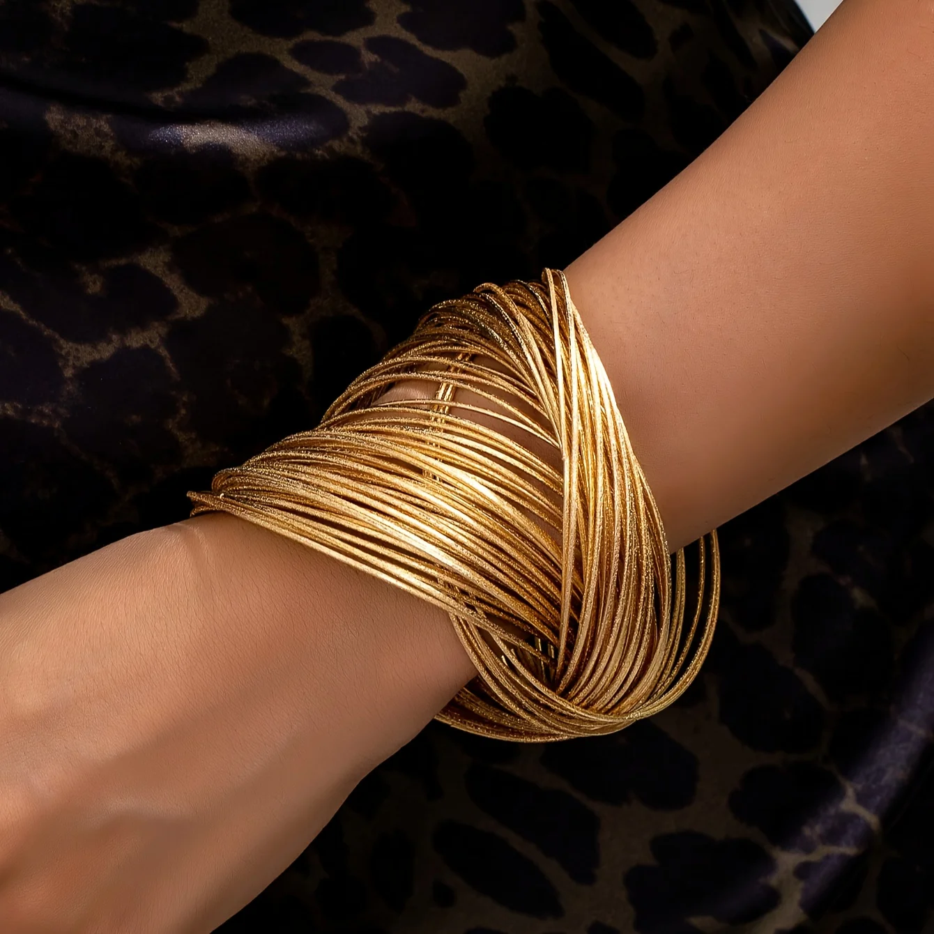 14K Golden Plated Punk-Inspired Layered Bracelet - Edgy Metallic Woven Design for Women, Ideal for Nightlife, Parties & Gifts
