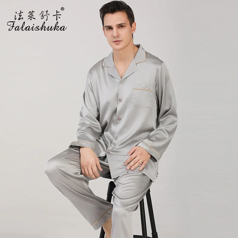 19 momme 100% Real silk pajamas sets men Sleepwear Long sleeve spring simple male elegant pajamas homewear T9093