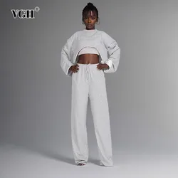 VGH Solid Three Piece Sets For Women Square Collar Sleeveless Camisole Short Tops High Waist Long Pants Casual Set Female New