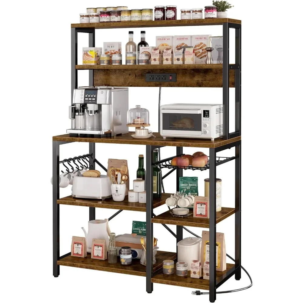 Bakers Rack with Power Outlet, 35.4 Inches Coffee Bar with Wire Basket, Kitchen Microwave Stand