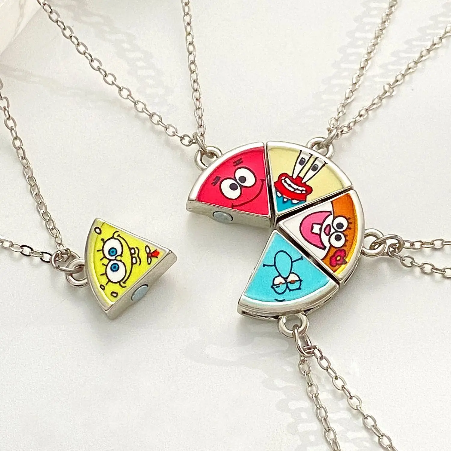 Cute Patrick Star Pizza Magnet Split Necklace SpongeBob Matching Couple Pendant Chain Lovely Cartoon Gift for Best Friends - view 2