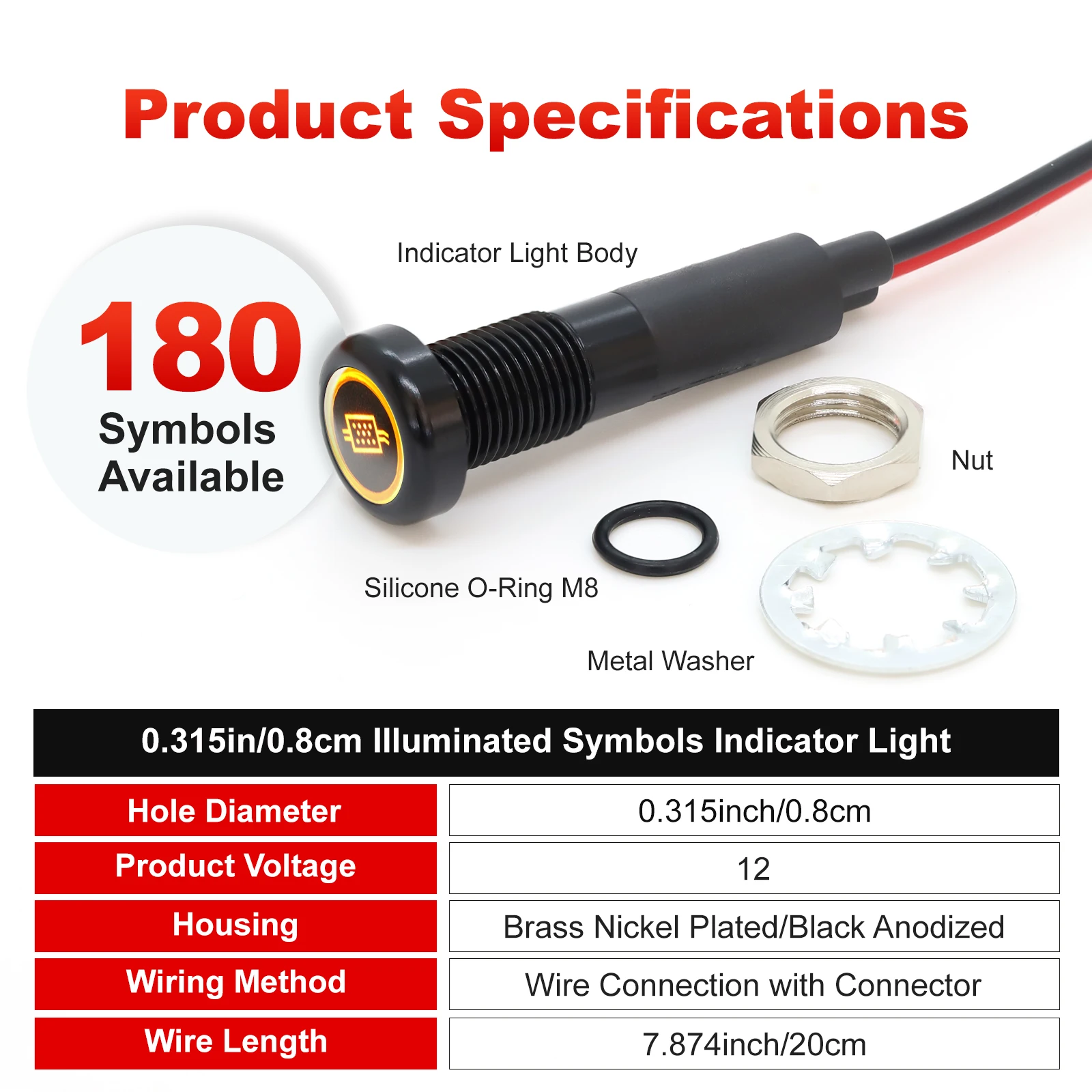 8mm Mini Symbol indicator light 12V 24V LED Car Boat LED Warning Dashboard Signal Lights Instrument Pilot light  Metal Shell