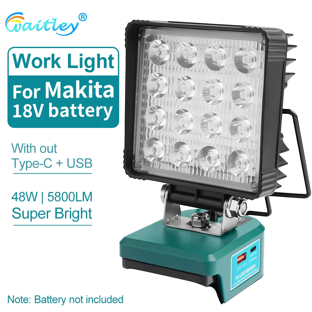 

Waitley LED Work Light for Makita 18V Battery Portable Outdoors Floodlight Camping lamp BL1850 BL1860 MAKITA pin External Plug