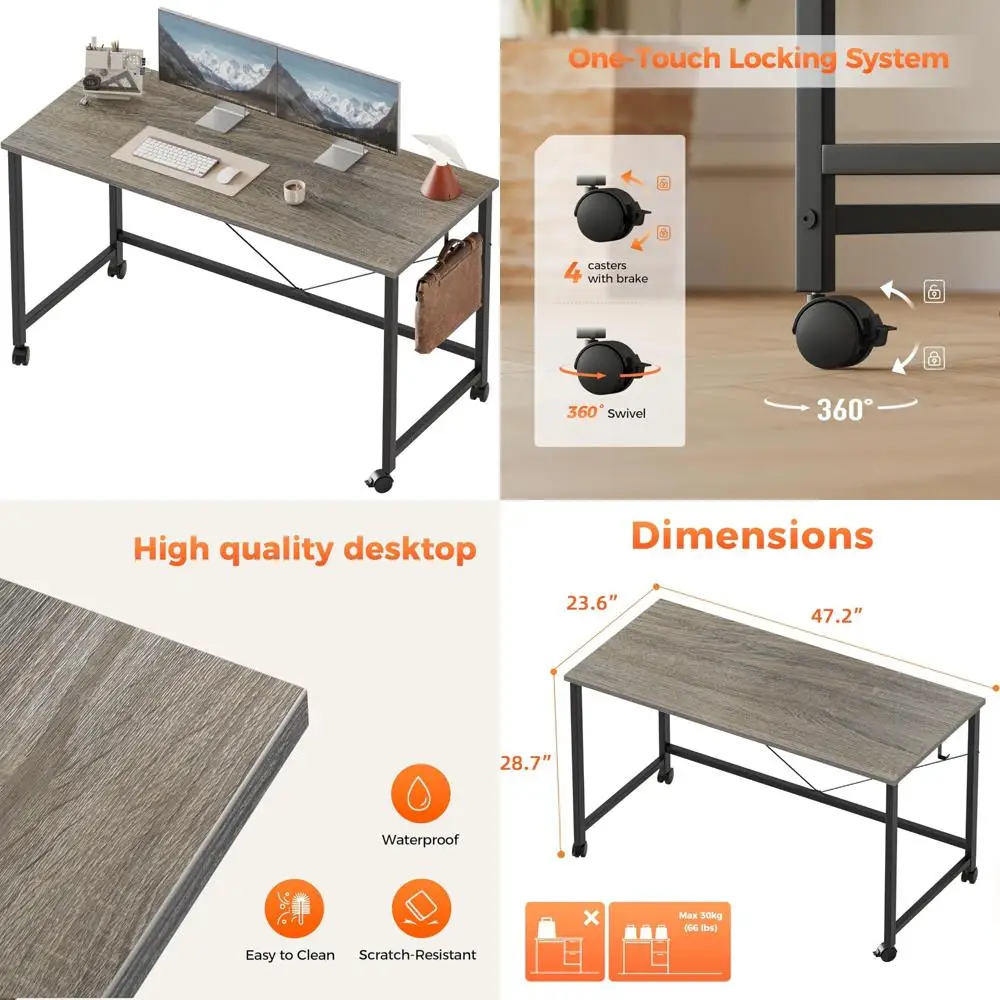 مكتب كمبيوتر للألعاب بعجلات، مكتب مدمج مقاس 48 × 24 للمساحات الصغيرة، طاولة دراسة للمكتب المنزلي على الطراز الحديث