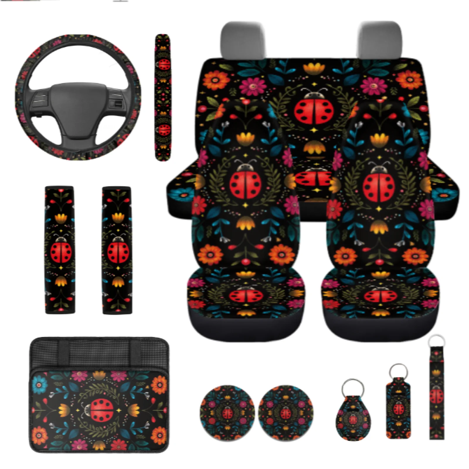 Coloranimal Ladybug Set of 13 Automobile Seat Cover Sets with Long Lasting Lipstick Cover and Car Armrest Box Pad for Sedans