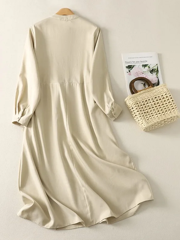 Lente 2026 Dames Lange Sve A-lijn Dr met riem Taille Cinching Zijknop Oversized Comfortabel Katoenmix Dr