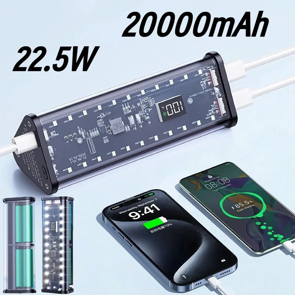 KEBIDUMEI 6x18650 Power Bank Case 22.5W Fast Charging LED Screen Transparent Battery Storage Box Case for Smart Phones