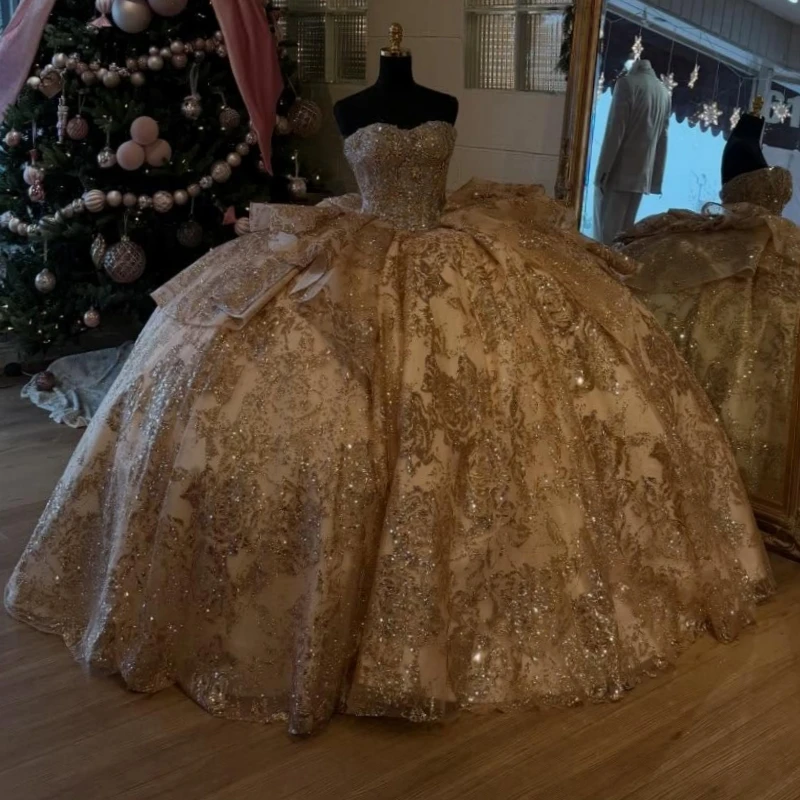 

Champagne Shiny Quinceanera Dresses Off The Shoulder Sequin Applique Lace Beading Crystal Bow Tull Party Birthday Sweet 16 Dress