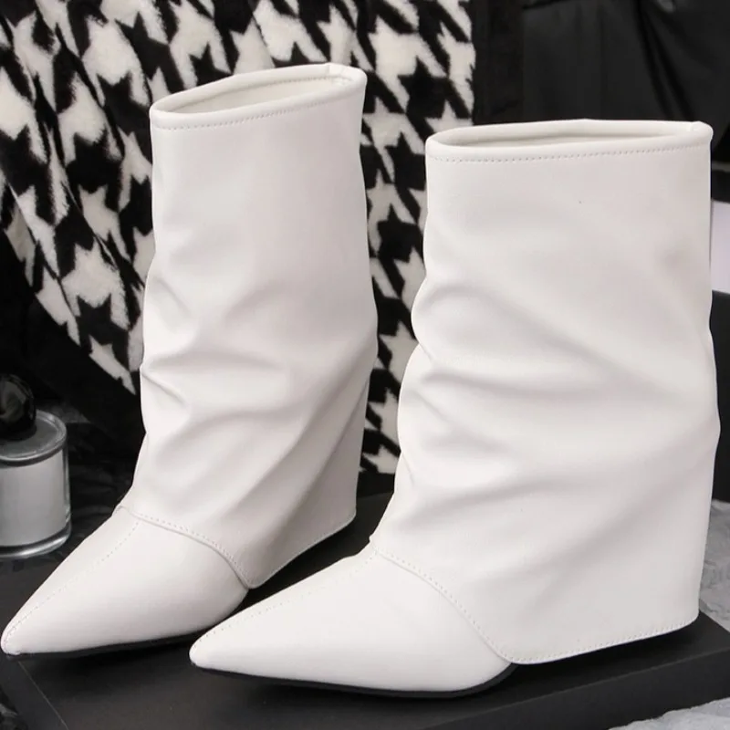 Silver High Heel Temperament Pointed Toe Mid-Tube Boots Small Man Short Boots Female Autumn