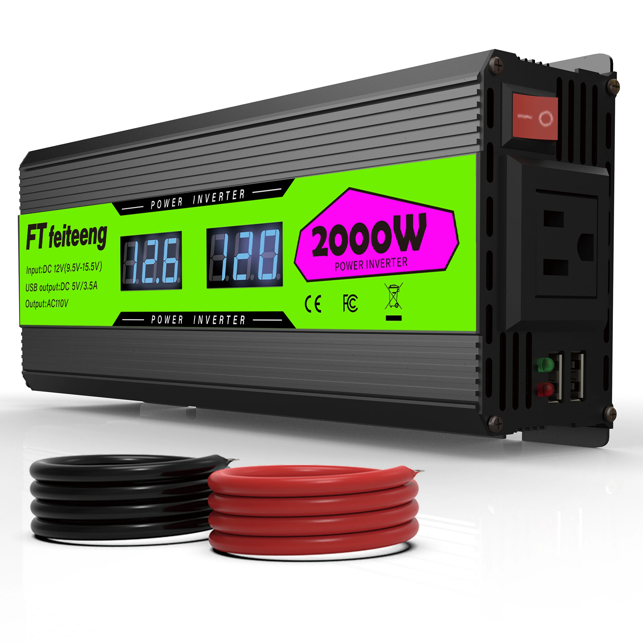 2000W/1000W/500W Power Inverter 12V to 110V with Dual AC Outlets Fast USB for RV Solar Off Grid Camping Emergency