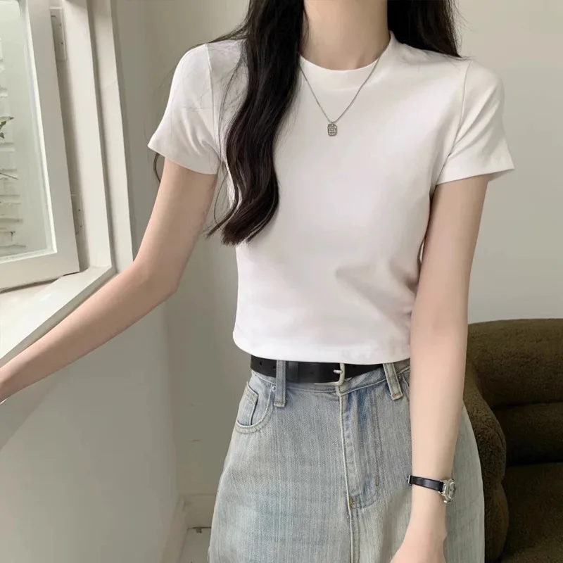 

Весенне-летняя женская футболка из чистого хлопка с короткими рукавами и плечами спереди, облегающая футболка с внутренней нижней частью, верхняя одежда