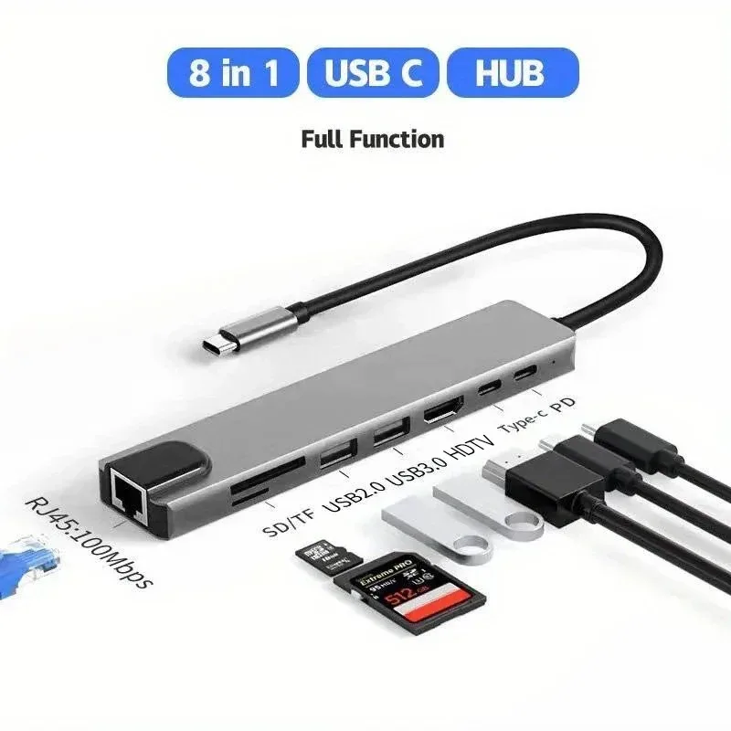 Usb 8 في 1 نوع C إلى 4k HdTV مهايئ توزيع مع Sd Tf Rj45 قارئ بطاقات Pd شحن سريع للكمبيوتر المحمول ماك بوك #6