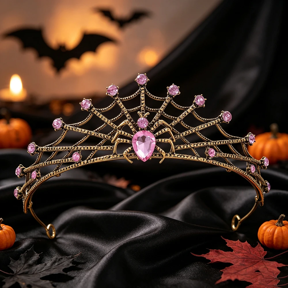 Halloween Gothic Spider Web Tiara Crystal Vintage Gold Crown Women Witch Vampire Cosplay Party Queen Headpiece Hair Accessories