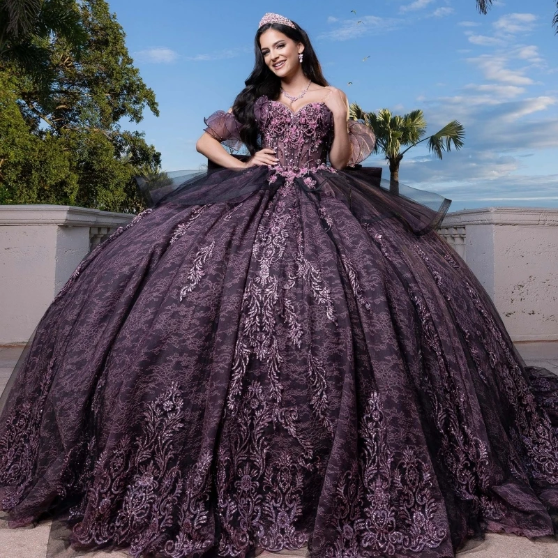 

Purple Shiny Quinceanera Dresses Off The Shoulder Sequin Applique Beading Crystal Bow Tull Party Birthday Sweet 16 Dress Vestido