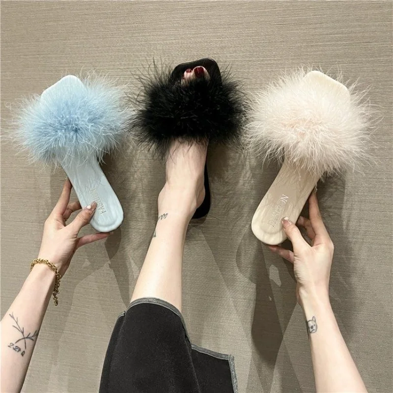 Summer 2024 Fluffy Slides Vintage Feather Women\'s Slippers and Ladies Sandals Flat Shoes Pink Fuzzy Furry Trend New Style I F B