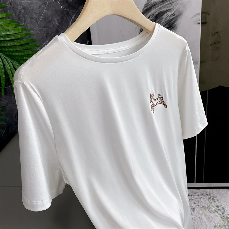 

Высококачественная белая хлопковая футболка с вышивкой оленя, короткий рукав, женская, модная, омолаживающая, в европейском стиле, летний топ