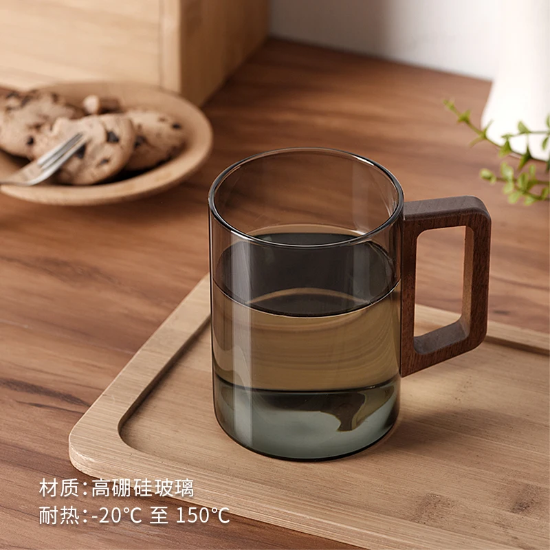 Wooden Handle Glass Coffee Mug Heat Resistant Large Capacity Drinking Water Tea Cup Set 400ml