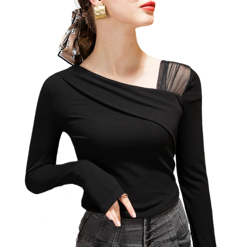 

Women's Oblique Shoulder Black Slim Bottoming Shirt, Inner Style Small Shirt, Spring Design Sense, New