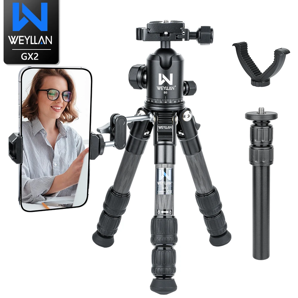 

WEYLLAN GX2 Carbon Fiber Tripod Compact Lightweight Portable Tabletop Tripods 360° Ball Head Max Load 10kg for DSLR Camera Phone